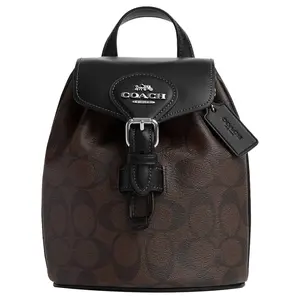 Coach Amelia 16 Backpack with Classic Monogram, Flap Closure, and Zippered Pocket in Black and Brown for Women