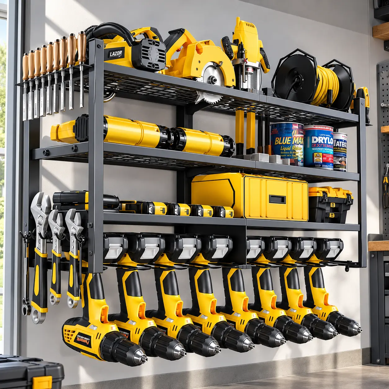Black 4-Tier Metal Wall-Mount Power Tool Storage Rack with 8 Cordless Drill Holders, 300lb Heavy Load Capacity, Workshop Garage Storage Organization Tool Organizer