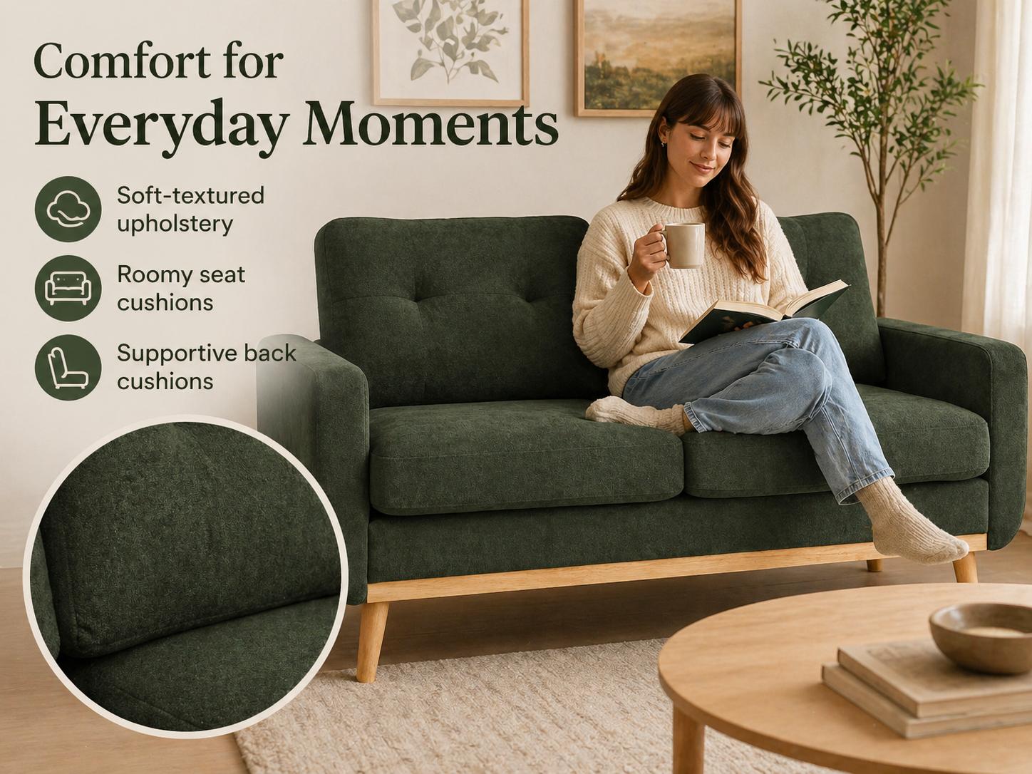 Loveseat Sofa Mid Century Modern Upholstered 2 Seat Couch with Wood Legs, Small Space Fabric Sofa for Living Room, Apartment, Bedroom, Office