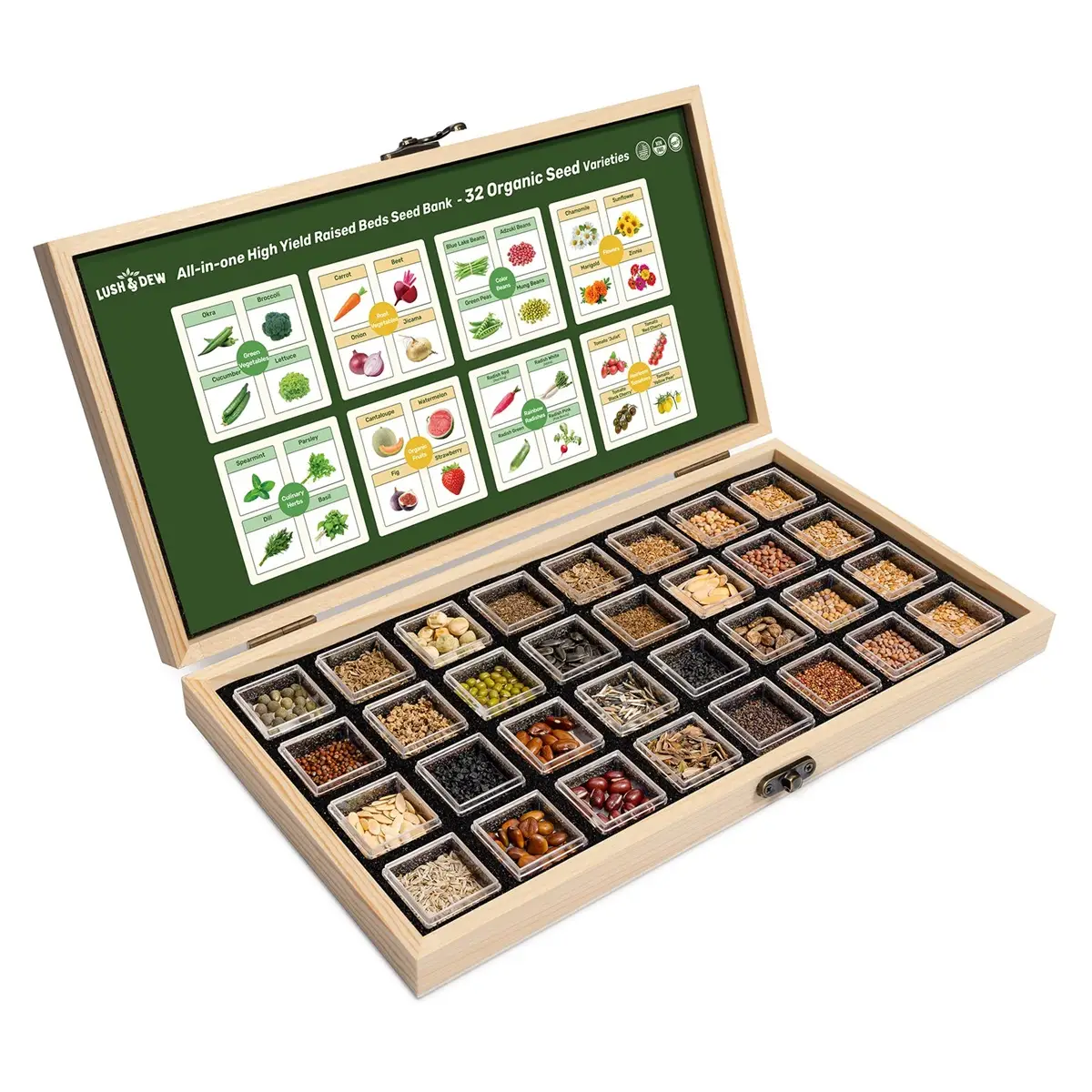 LUSH&DEW Year-Round USDA Zone 7 Seed Bank - 32 Organic Seed Varieties for All Seasons Gardening with Seasonal Synchrony