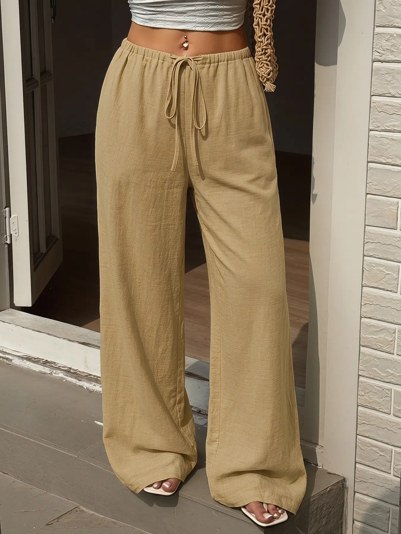 Ladies' solid color white linen style wide leg baggy pants, casual high waisted drawstring adjustable pants, made of breathable textured fabric, summer beach versatile, lightweight, suitable for various occasions, Womenswear, Bottoms