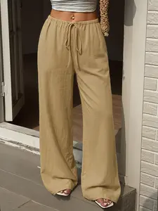 Ladies' solid color white linen style wide leg pants, casual high waisted drawstring pants, made of breathable textured fabric, summer beach casual versatile, lightweight and elegant, suitable for various occasions to wear, Womenswear