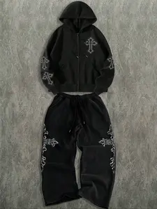 Cross Embellished Zip - Up Hoodie and Track Pants Set, Edgy Streetwear, TikTok - Trending Fashion, Streetwear Tracksuit Set