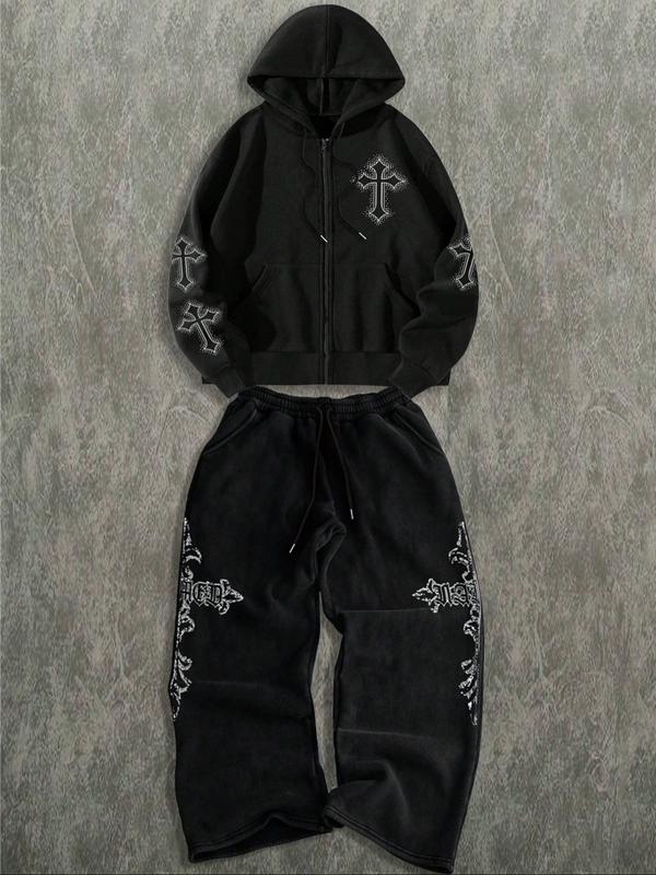 Cross Embellished Zip - Up Hoodie and Track Pants Set, Edgy Streetwear, TikTok - Trending Fashion, Streetwear Tracksuit Set