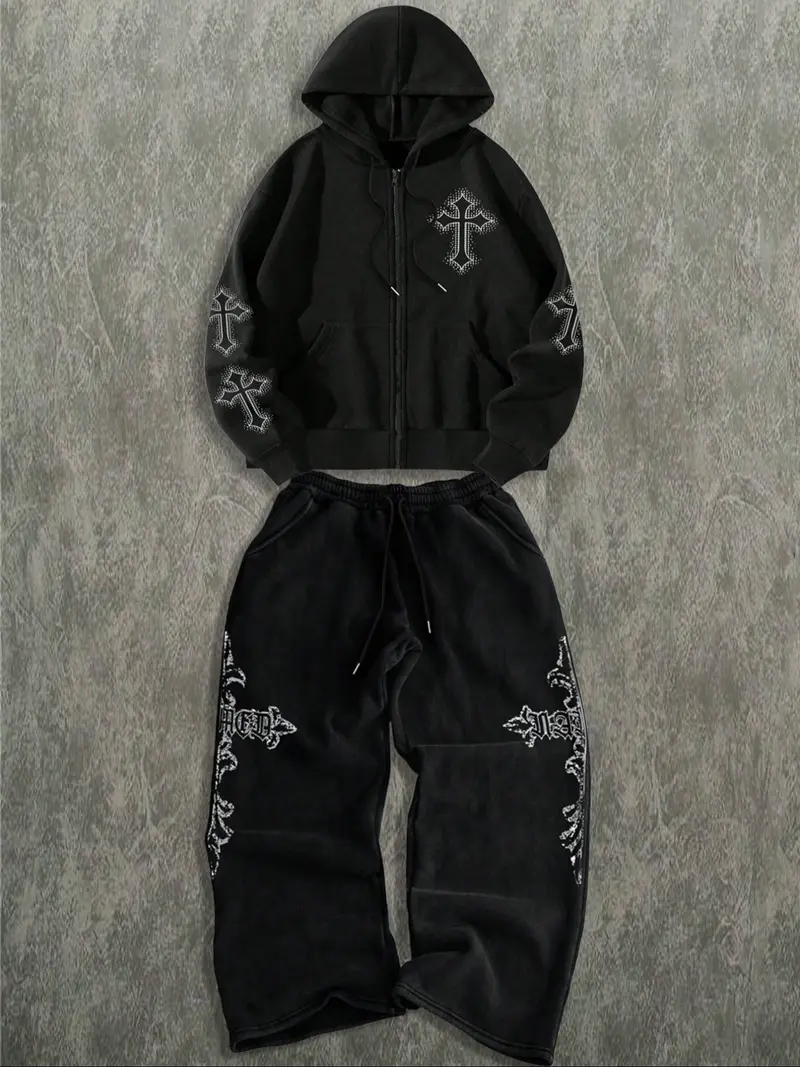 Cross Embellished Zip - Up Hoodie and Track Pants Set, Edgy Streetwear, TikTok - Trending Fashion, Streetwear Tracksuit Set