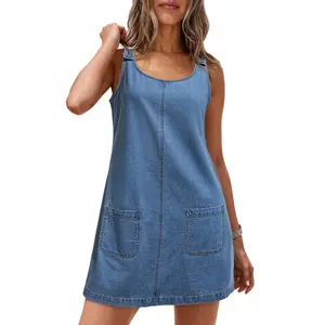 Dokotoo Womens Sleeveless Casual Denim Dress Western Cowgirl Outfits Jean Overall Dress with Pockets