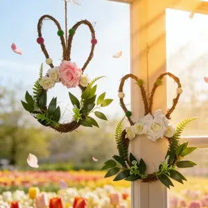 Easter Bunny Wreath Decoration, Versatile Playful Wreath, Natural Vine Rabbit Shape with Colorful Balls, Spring and Easter Decor, Perfect for Welcome, Table, Kids Birthday, Garden Party, Party Decoration Supplies