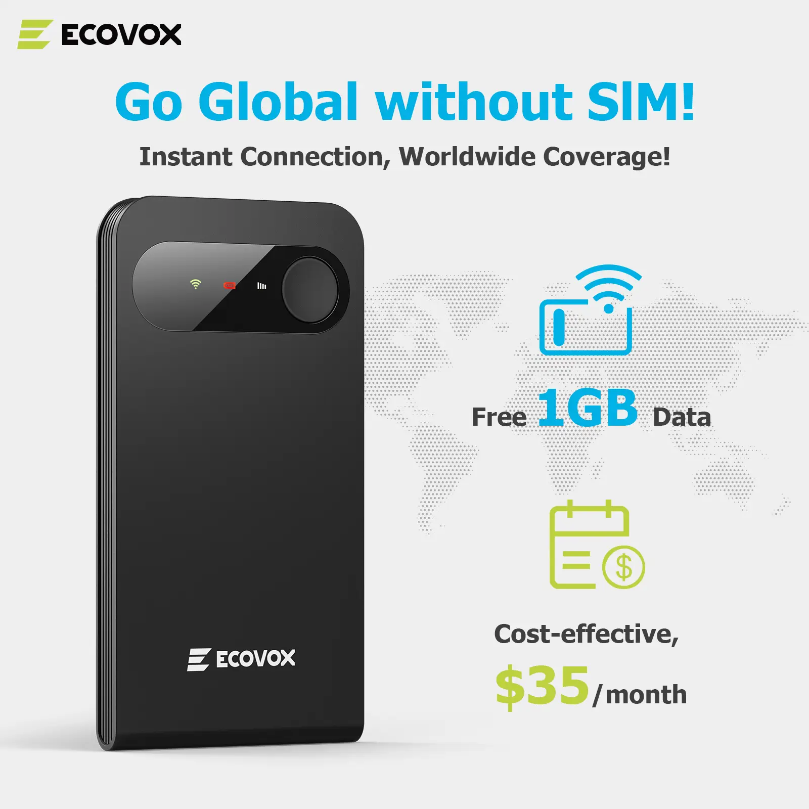 ECOVOX 4G Mini Portable WiFi Hotspot No SIM Card Free 1GB Data Connects 9 Devices for Travel Camping & Outdoor Use