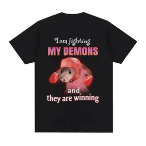 Funny I Am Fighting My Demons and The Are Winning Rat Meme T-shirt Fashion Creative T Shirts Short Sleeve Oversized T-shirts
