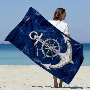 1pc, Nautical Style Extra Large Soft Beach Towel, Anchor and Compass Print Design, Microfiber Bath Towel, Quick-Drying, Super Absorbent, Suitable for Beach Vacations