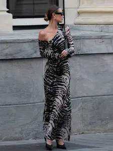 Women' Sexy Off-Shoulder Zebra Strip Long Dress - Bodycon Party Dress with Semi-Sheer Panels, Machine Washable Slim Fit Evening Gown for Fall/Spring 2025 New (Zebra Print)