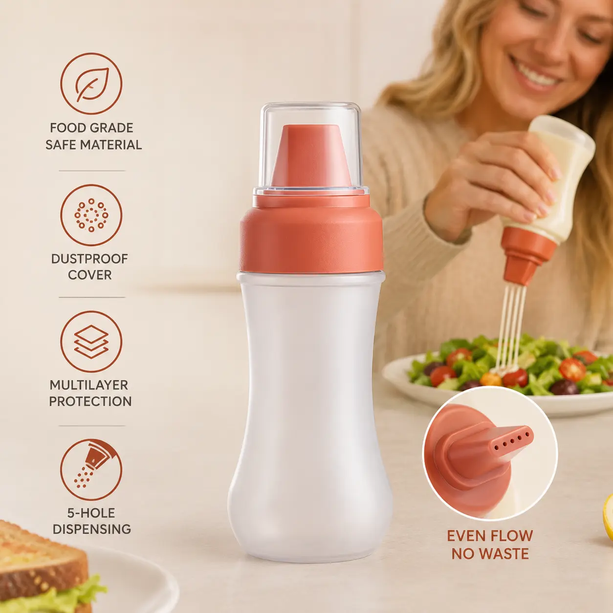 1 Count, 350ml Squeeze Sauce Bottle with 5-hole Nozzle, Transparent Dust Cover, Scale Marking, for Home Kitchen Salad Dressing and Condiment Storage