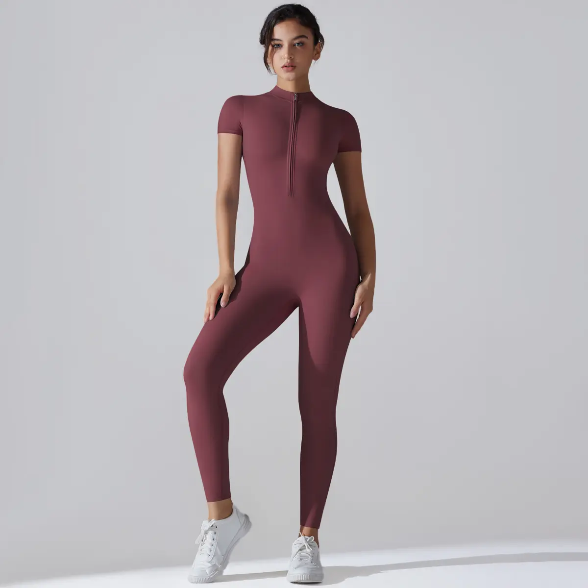 Soft High-Stretch bodysuit for all movements Zipper Solid-Color Short-Sleeve Bodysuit Athletic Fitness Running Jumpsuit Yoga Wear tight gym&daily wear workout Apparel for women Buttery soft one piece for effortless style