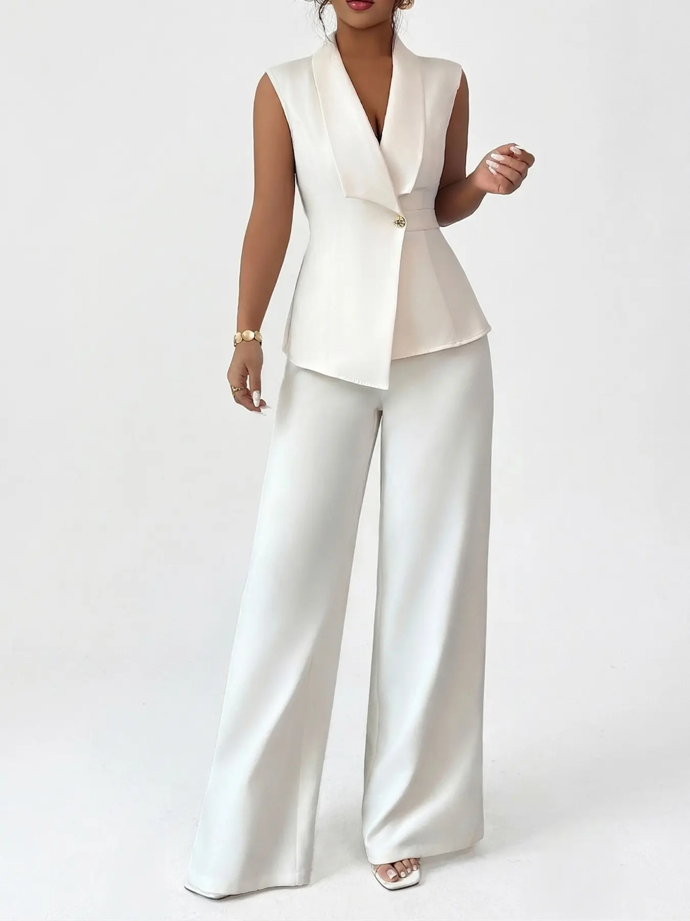 Women's Spring Summer Elegant Office Commute Tea Party Lapel Waist Metal Buckle Asymmetric Hem Sleeveless Blazer Suits Matching Set