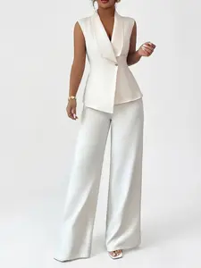Women's Spring Summer Elegant Office Commute Tea Party Lapel Waist Metal Buckle Asymmetric Hem Sleeveless Blazer Suits Matching Set