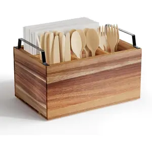 Wooden Silverware Caddy Organizer, Acacia Wood Utensil Holder, Countertop Utensil Organizer for Party, Wood Color