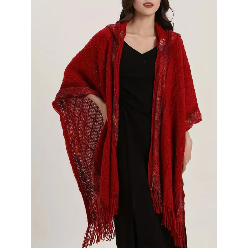 exercise fingers [Sleeveless Open Front Shawl Cardigan] Boho-Chic Tassel Hooded Shawl Cardigan - Geometric Jacquard Knit, Open Front, Sleeveless for Spring/Fall