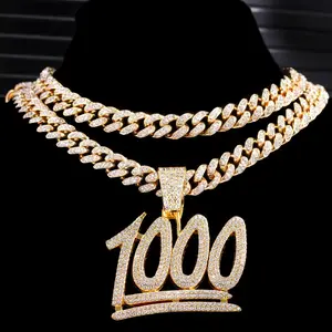 1000 Number Pendant Necklace Crystal Miami Cuban Unisex [AF]