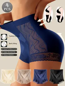 4 Pcs QUASTI High Waisted Lace Panties for Women, Tummy Control Shapewear Underwear, Fit Sexy Floral Lace Butt Lifting Panties, Soft Breathable High Waist Briefs for Daily Wear, Workout, Date Night, Comfortable Stretch Women Lingerie, Stretchy