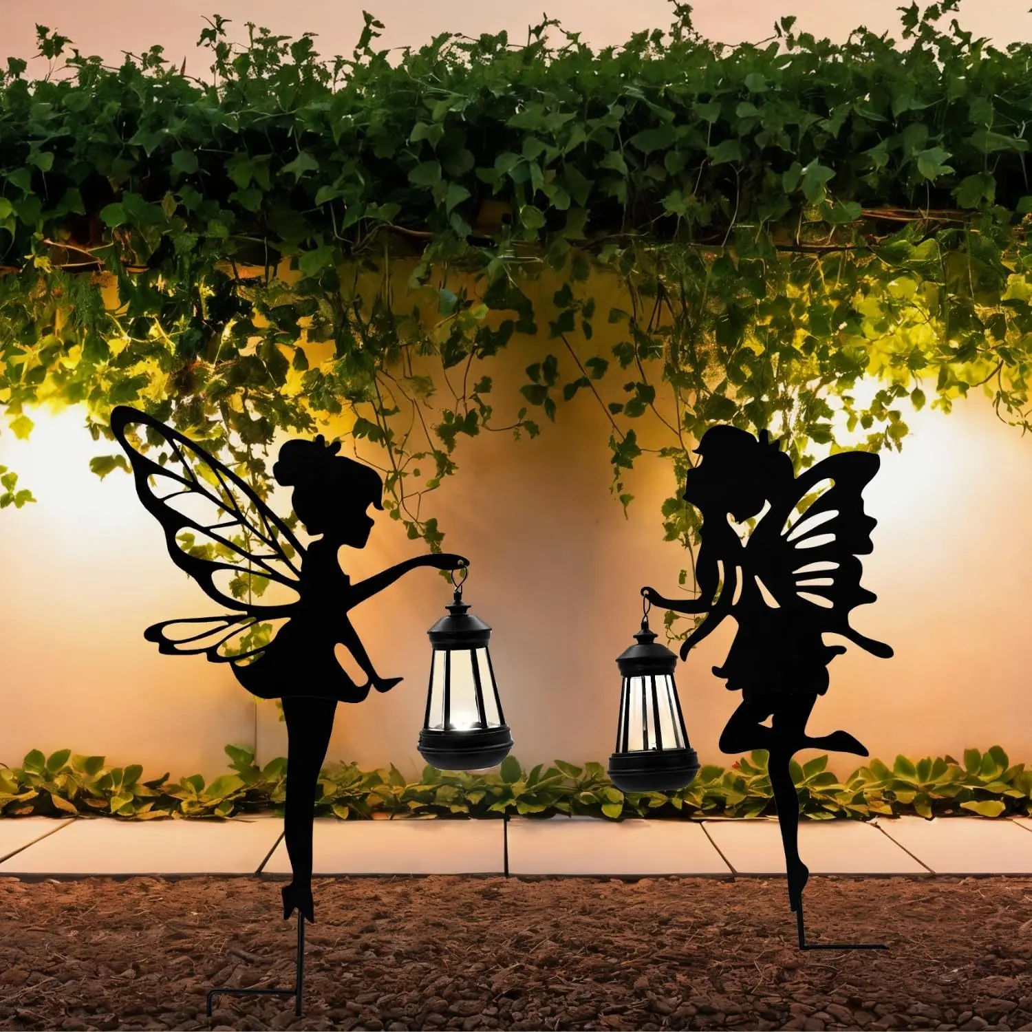 Solar Fairy Garden Decor Lights, 2 Packs, Metal Hanging Lanterns with Warm Solar Glow  Exquisite Gifts for Women, Mom, Friends (Fairy Hanging Lantern)