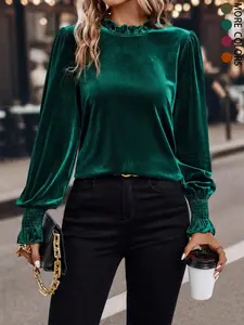 Women's Velvet Ruffle Balloon Lantern Sleeve Long Sleeve Fitted Shirt, Womenswear Casual Daily Wear Top, Textured Fabric, Versatile Blouse for All Seasons, Christmas shirt, Stylish shirt for Lady