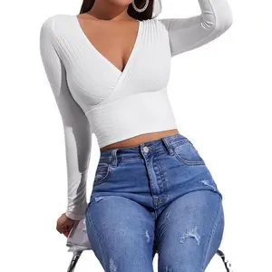 Women’s flat V-neck cropped T-shirt, fashionable casual long-sleeve ribbed slim-fit spring/autumn tee, women’s T-shirt, women’s clothing birthday gift GARMENTARY