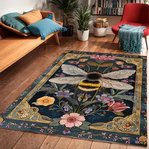 Vintage Bee Floral Print Decorative Area Rug, Foldable and, Non-Slip Plush Carpet for Living Room and Bedroom Floral Area Rugs