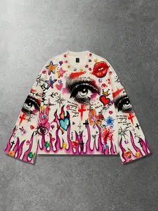Y2K graffiti style long sleeved T-shirt for men and women, long sleeved | colorful flame eye lip print T-shirt, loose and slimming street fashion brand round neck top, star heart cross full print, niche fashion brand top