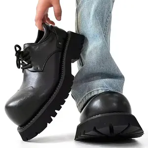 2025 new men's black thick-soled height-enhancing derby shoes, high-heeled big-head design, retro punk casual street fashion style Boy Footwear Closed Leather