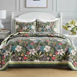 3-Piece Lightweight Polyester Tropical Leaf and Flower Quilt Bedspread Set - Flat Weave, Soft & Durable, Reversible Design, Vibrant Print