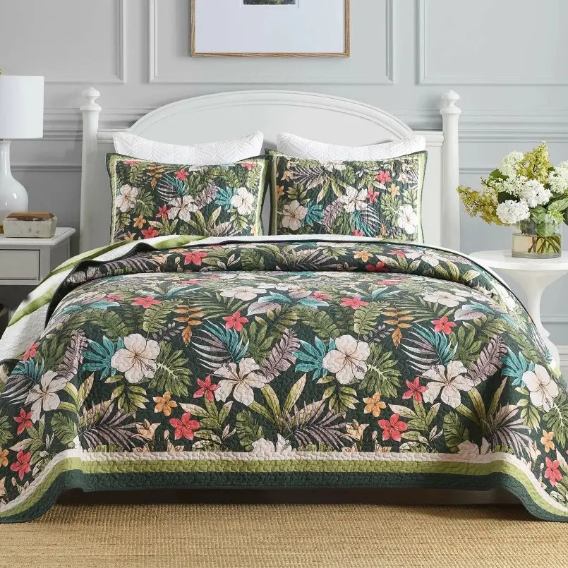 3 Pieces Tropical plant print Quilted Bedspread Set - Soft Cozy Coverlet for All Season