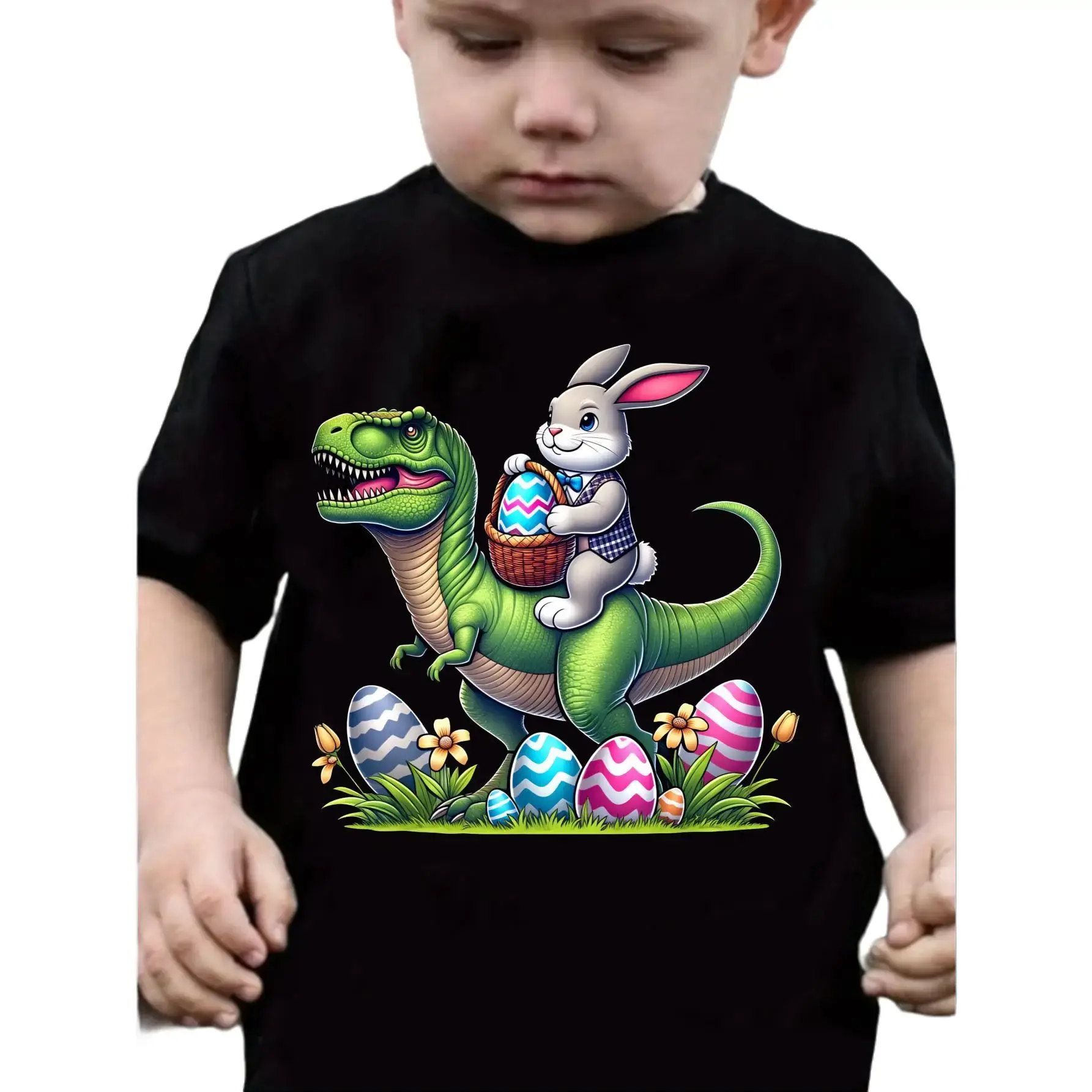 Easter Day Boys T Shirts Dinosaur And Bunny Easter Eggs Rabbit Print 100% Cotton Round Neck Short Sleeve T Shirt Cute Graphic Tee for Summer Fun