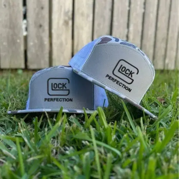 Glock Perfection Camo Trucker Hat, Tactical Snapback Cap, Flat Bill Mesh Hunting Hat, Outdoor Sports Hat, Gift for Shooting Enthusiasts