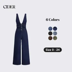 Cider Denim V-neck Button & Pocket Wide Leg Jumpsuit | for Casual to Business Wear