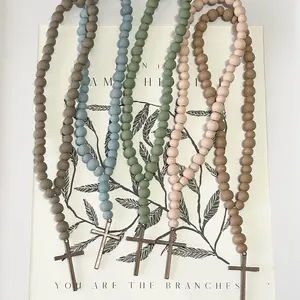 Wood Bead Car Charm With Antique Copper Tone  Cross