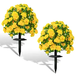 Artificial Mums For Outdoors,Faux Outdoor Plants Fake Plants Topiary Balls Artificial Outdoor Set Of 2 With Ground Spike For Home Front Porch Patio Garden Decor Home Party(yellow)