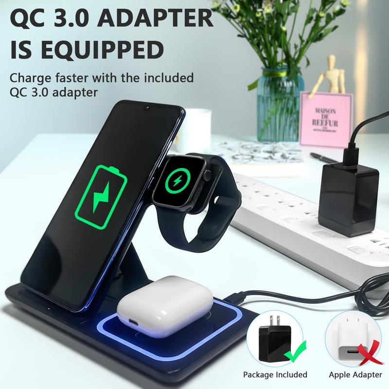 3 in 1 Wireless Charging Station for Apple15W Foldable Charging Station for Samsung Devices, Qi-Certified for iPhone 18/17/16/15/14/13/12/11/Pro/Max/X/XR/iWatch-SE/6/5/4/3/2 & AirPods, Included QC-3.0 Adapter