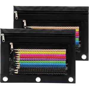 Pencil Pouch 3 Ring Binder Pouch Zippered Pencil Case Canvas Pencil Bag with 2 Compartments (Set of 2, Black)
