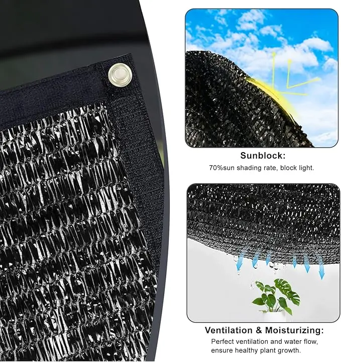 A 10-foot by 13-foot black breathable sunshade net with buttoned edges, suitable for providing all-round shade for farm animals, greenhouses and garden areas.