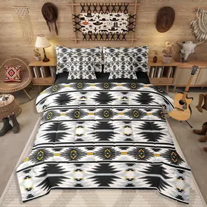 Feelyou 7-Piece Aztec Motif Bed Comforter Set - Breathable Cloth, Bohemian Geometric Print, American Native Exotic Sheet Set, Rustic Farmhouse Decor (Gray Black, Southwest Style)