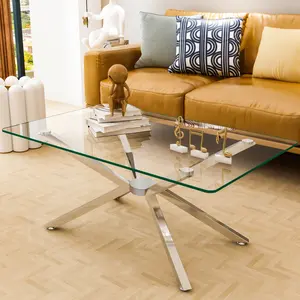 Glass Coffee Table Modern Rectangular Center Table with Tempered Glass Top and Sliver Chrome Legs, for Living Room, Home, Office