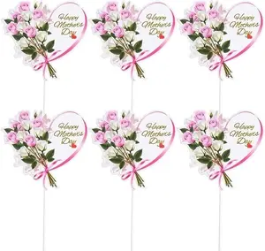12pcs Happy Mother's Day Cake Toppers Heart Flower Cupcake Picks Cake Decoration for Birthday Mother's Day Party Favors