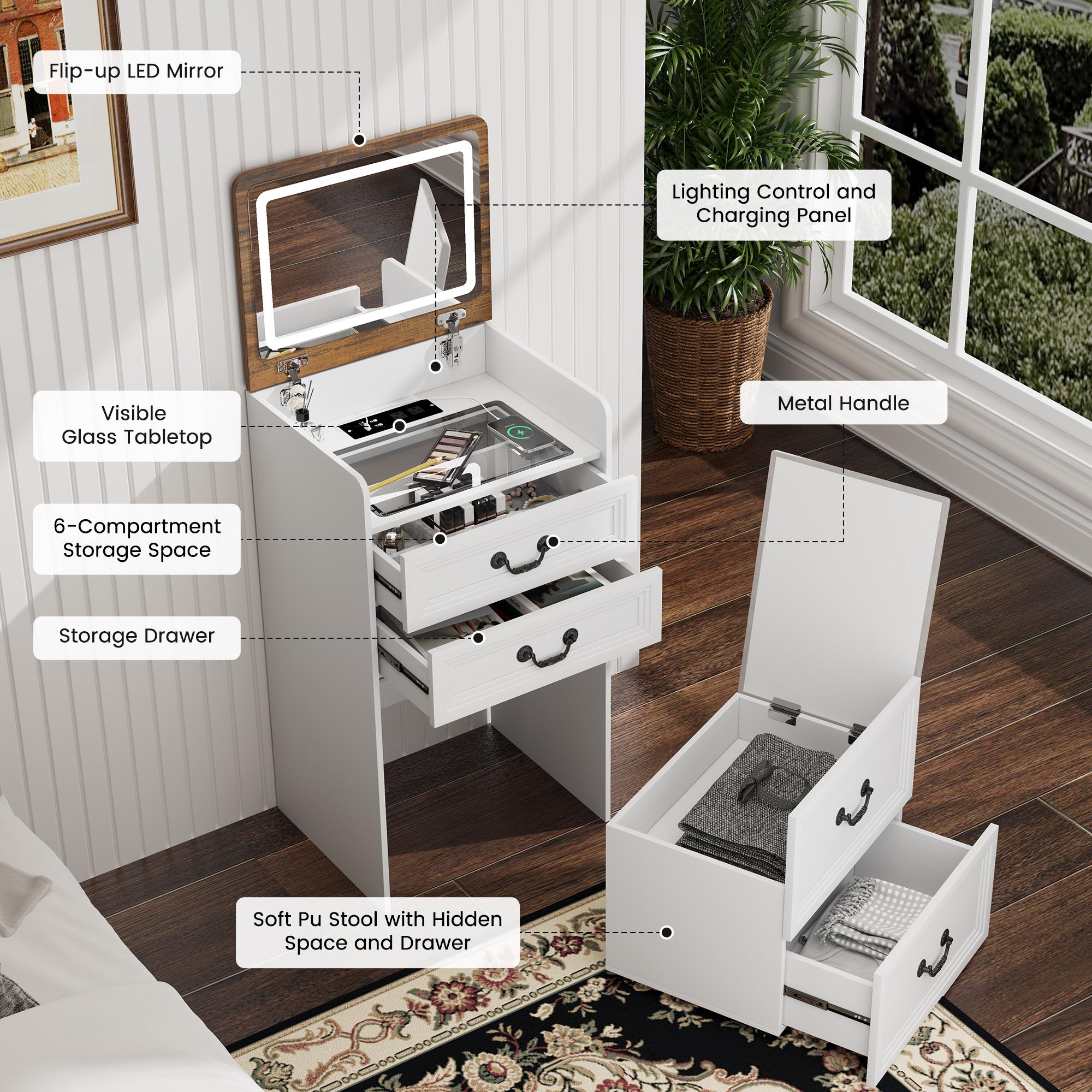 Miu small room vanity with Flip-up LED Mirror, Glass Tabletop,6-Compartment Storage Space, Soft Stool with Hidden Space & Drawer