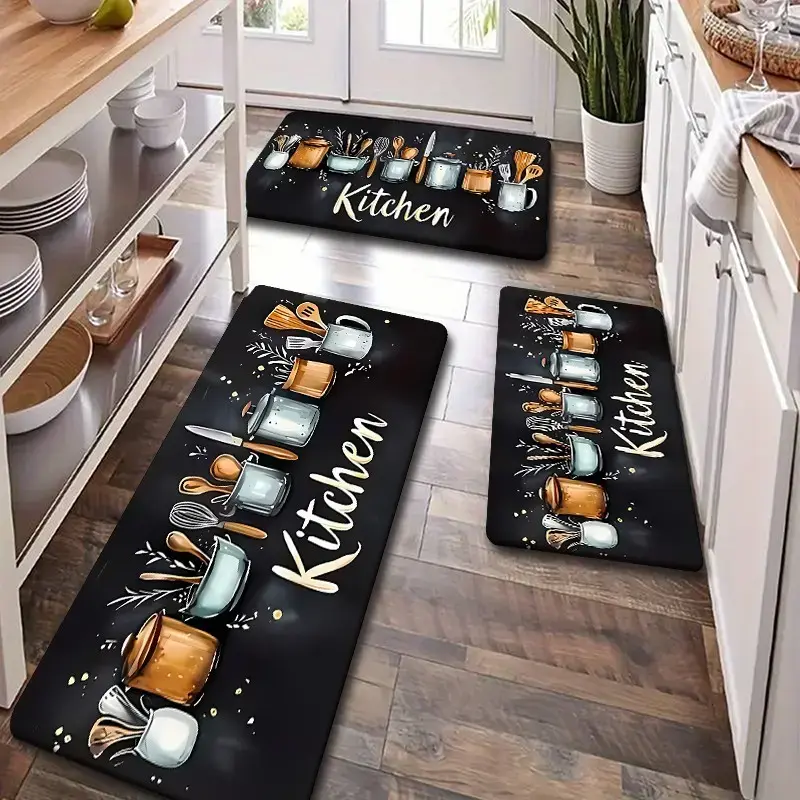 [SALE 50%] Kitchen Mat Set for floor 2 Piece, Hand Drawn Gold Silver Cookware & Cursive Kitchen Rug with Decorative, Non Slip Kitchen Rugs and Mats for Kitchen, Entryway, Bathroom, Laundry Room, Hallway