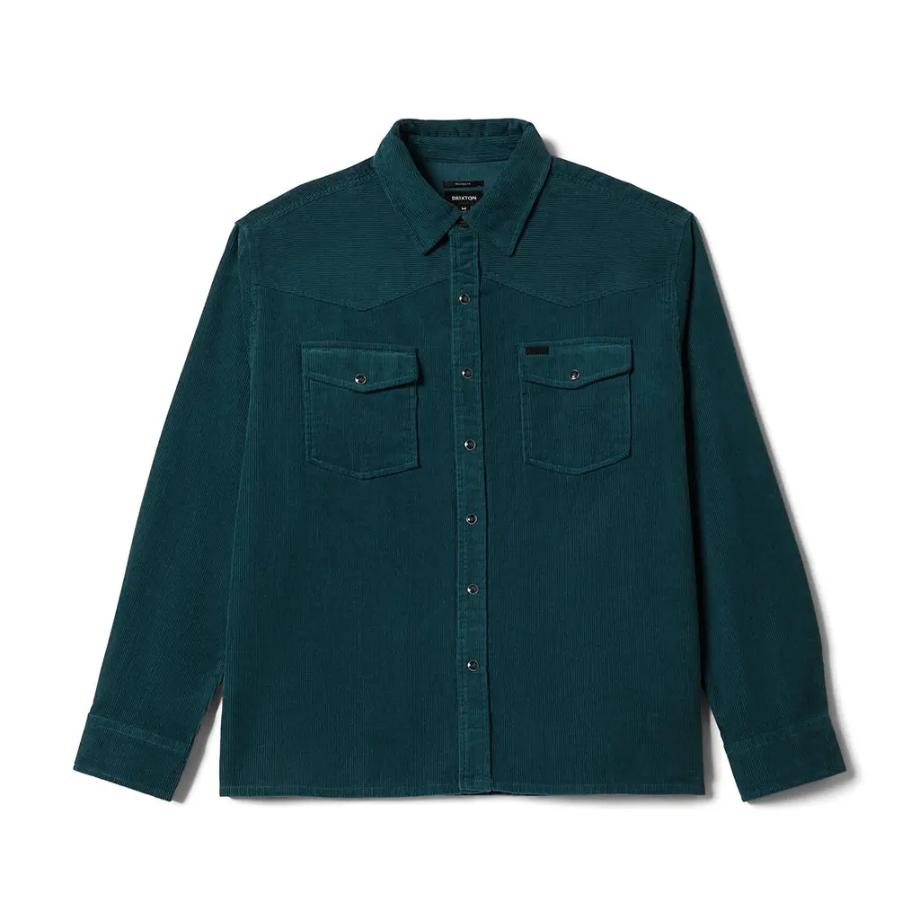 Brixton Men's West Cotton Corduroy Overshirt, a Long Sleeve Western Style Button-Up Top with a Relaxed Fit and Suede-Detailed Pockets