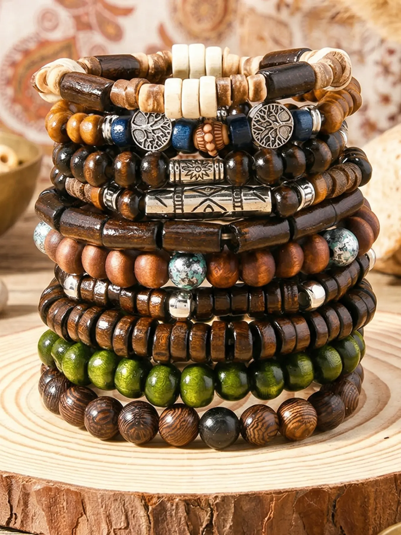 10pcs Boho Style Wooden Bead Bracelets Set for Men & Women, Mixed Metal & Bead Accents, Perfect for Daily Wear & Party Gifts