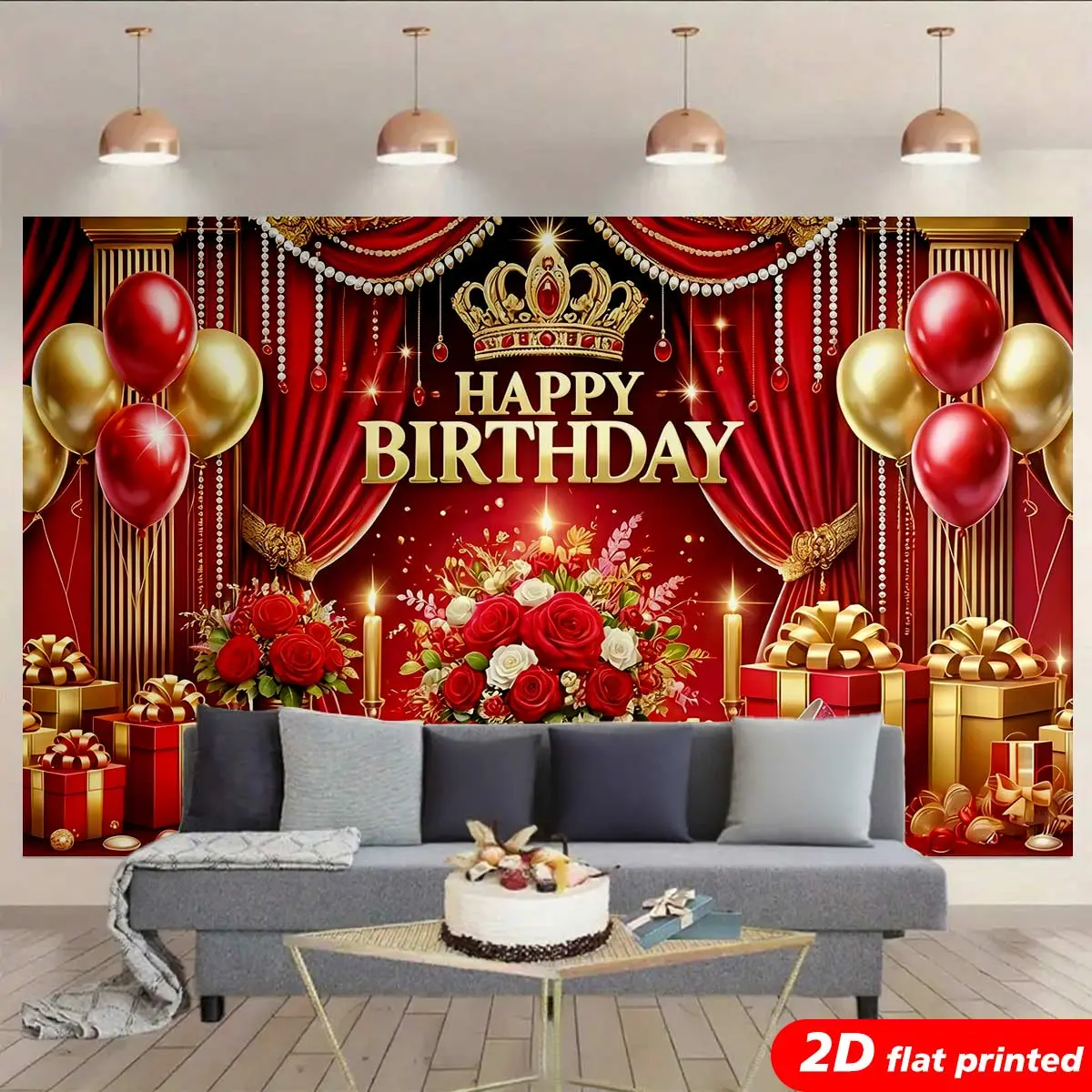 Wrinkle-Resistant Red Gold Crown Balloon 2D Flat Printed Happy Birthday Tapestry Wall Hanging, Festive Backdrop Banner for Women's Birthday/Anniversary Party Photo Booth, Aesthetic Bedroom Home Supply Ideal Gift Decoration