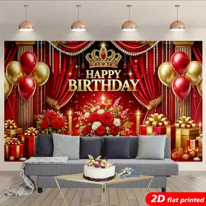 Red Gold Crown Balloon 2D Flat Printed Happy Birthday Tapestry Wall Hanging, Festive Backdrop Banner for Women's Birthday Party Photo Booth, Aesthetic Home Supplies for Room Decor, Ideal Gift decoration family,summervibes