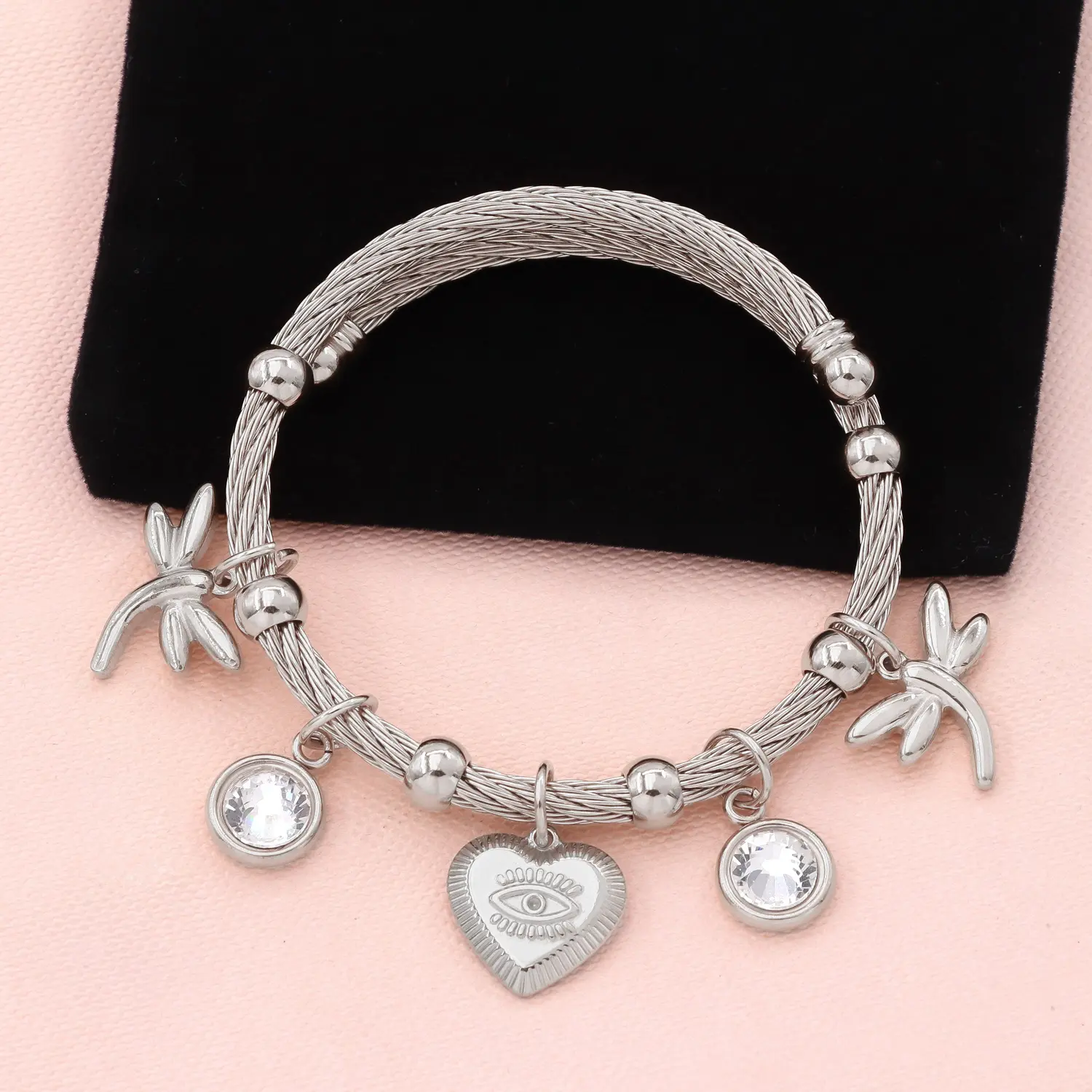 Stainless Steel Crystal Coin Wire Bracelet Heart Titanium Steel Zirconia Bangle Acero Inoxidable Joyas