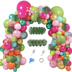 158Pcs Tropical Balloon Arch Garland Kit, Hawaiian Luau Aloha Flamingo Party Decorations Olive Green Hot Pink Orange Rose Gold Confetti Balloons Palm Leaves Birthday Baby Shower Summer Beach Supplies